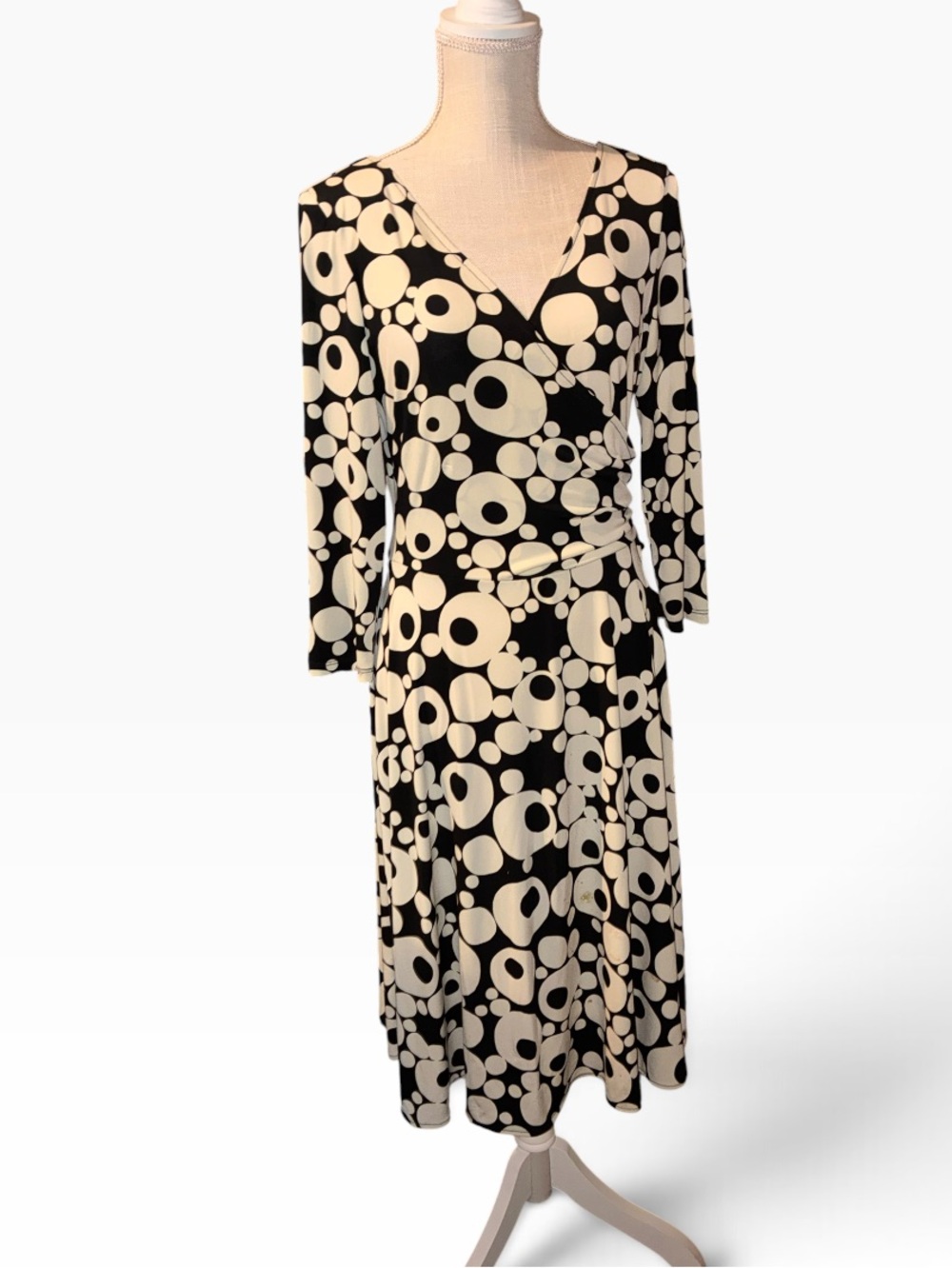 Black & Cream Midi Wrap Dress with Graphic Circle Print